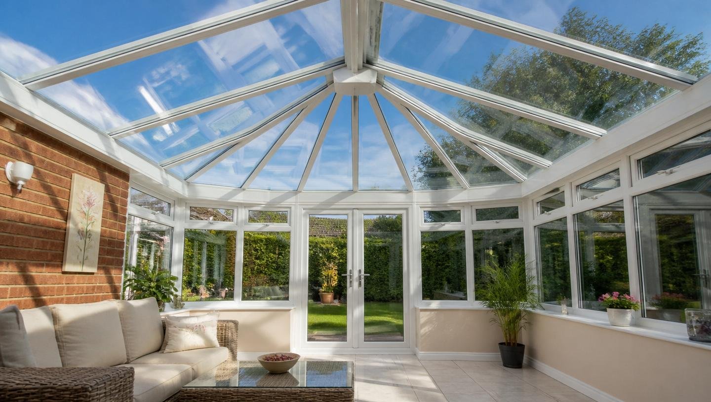 Conservatory roof cleaning in north London — clear glazing viewed from inside the conservatory