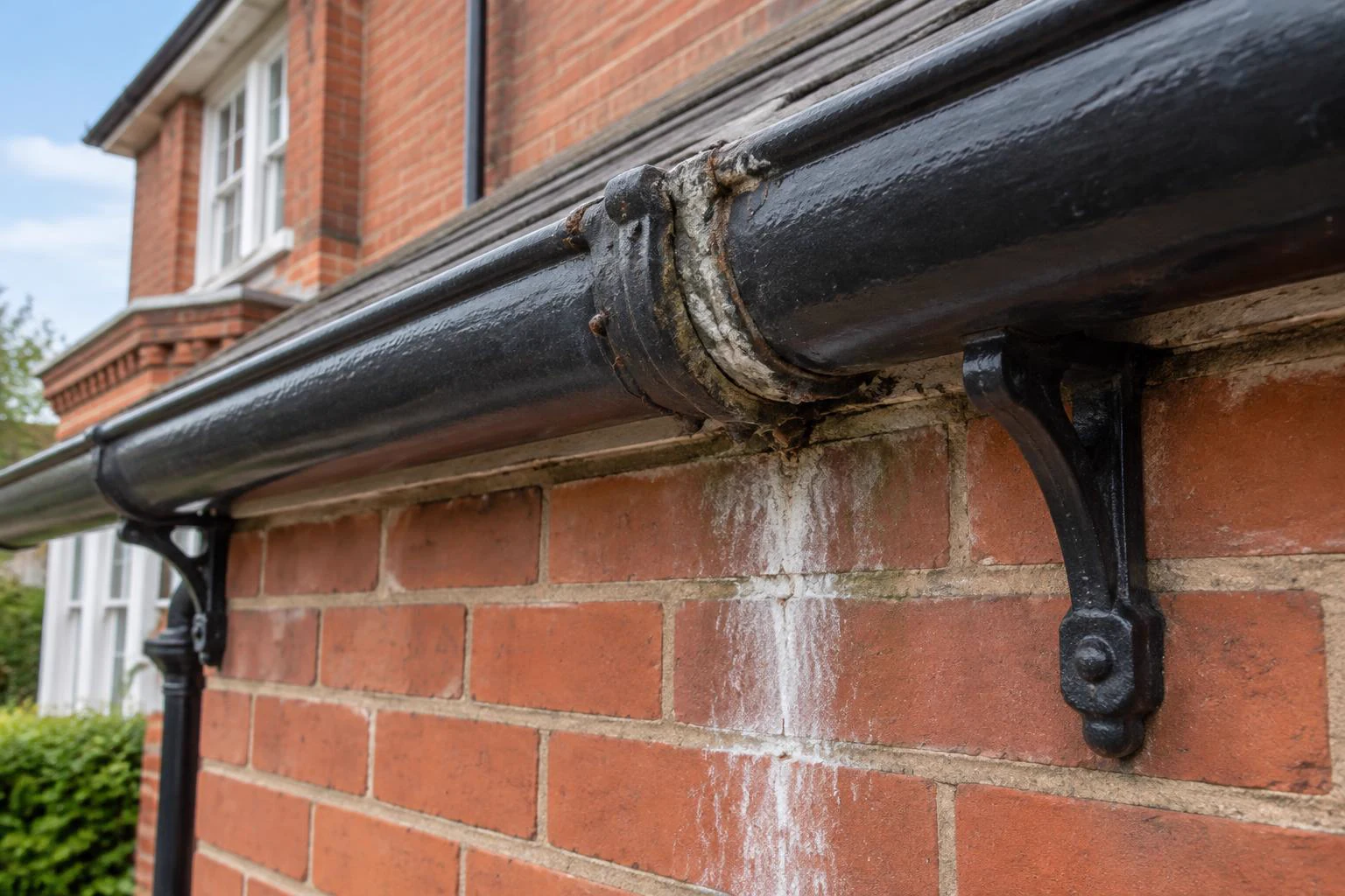 Leaking joint on a cast iron gutter with staining on the brickwork below