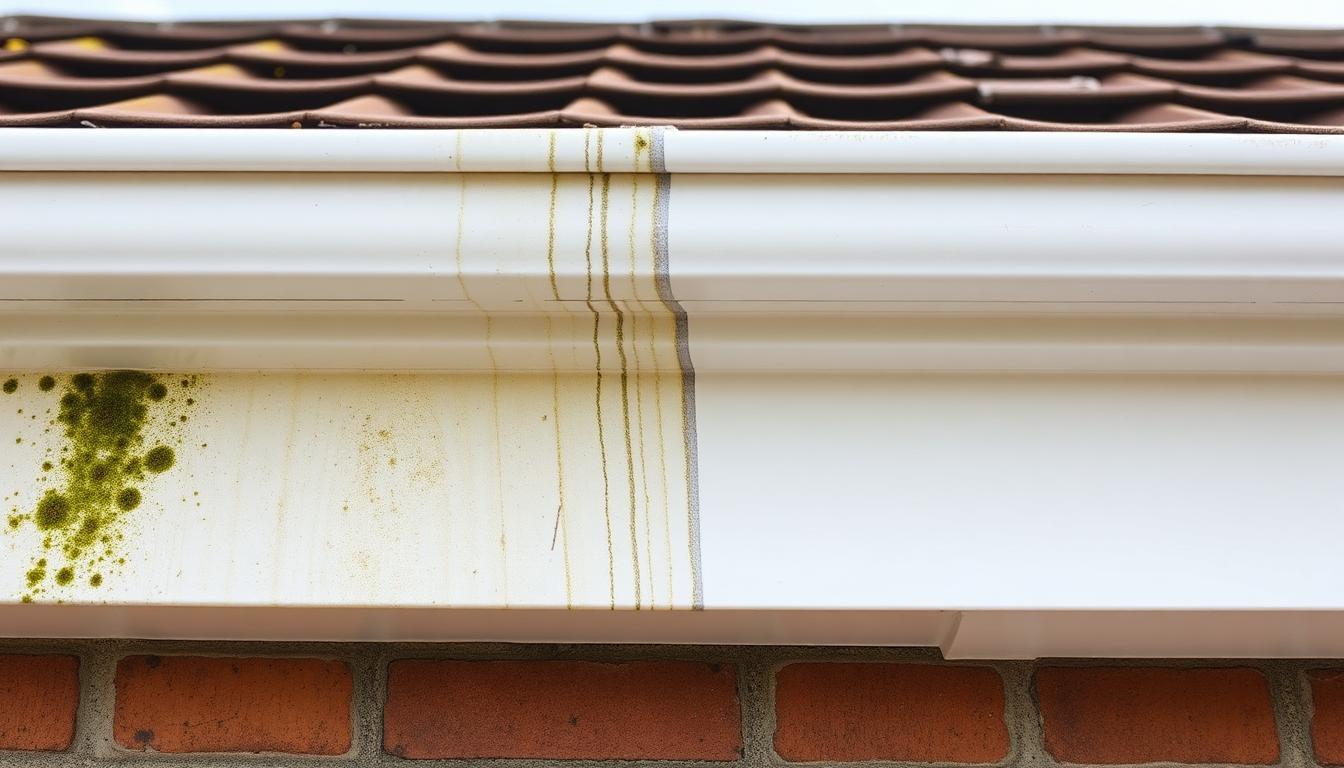 Green algae and black streaks on a UPVC fascia board before cleaning
