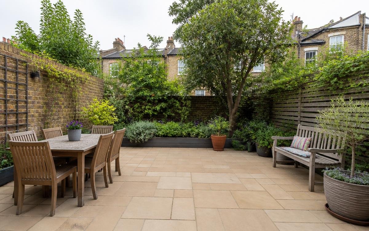 Clean patio paving in a north London garden after professional cleaning