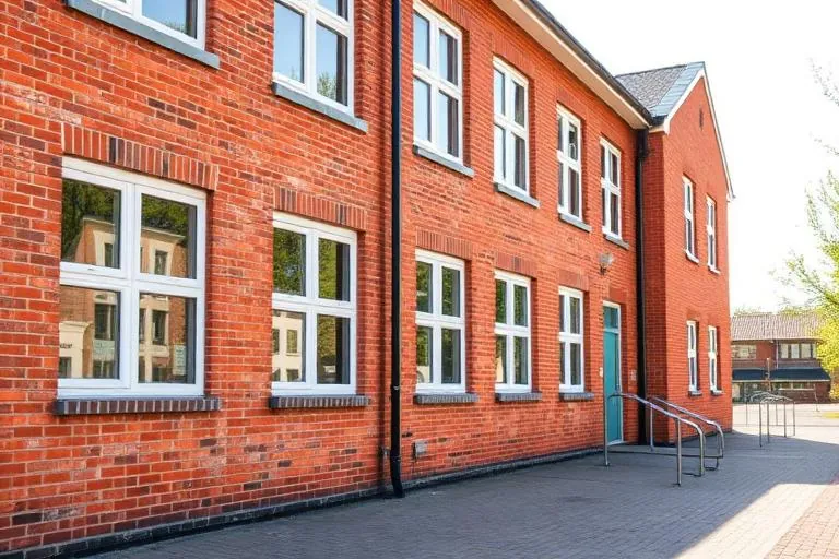 British school building with freshly cleaned windows